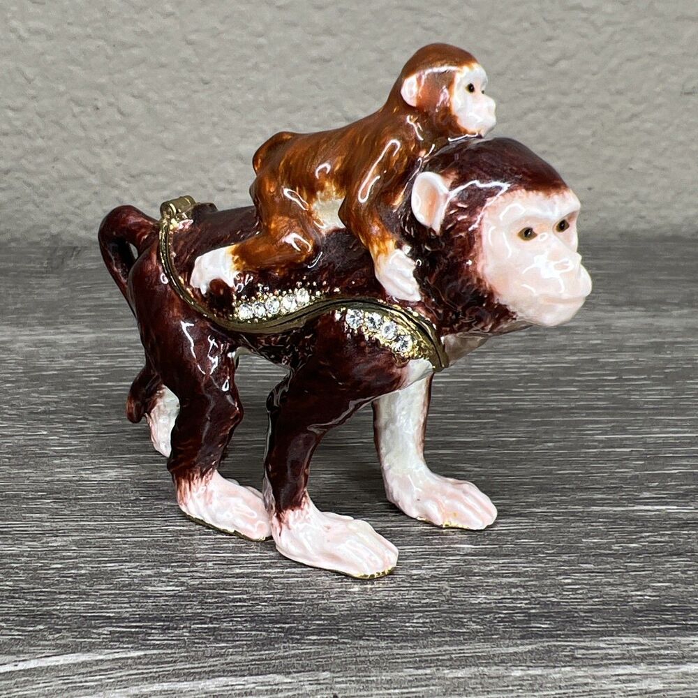 Vintage Mother And Baby Monkey Enamel Trinket Box With Austrian Crystals 3”